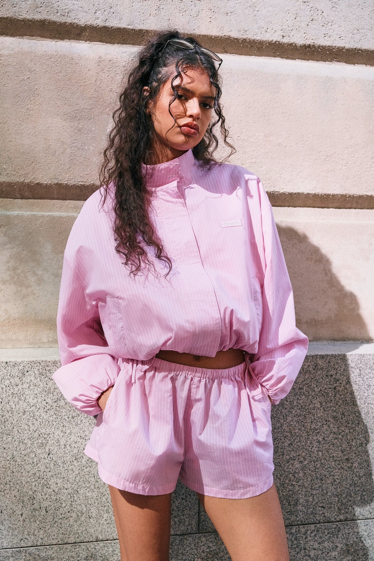 Stripe Nylon Funnel Neck Jacket & Short - Pink